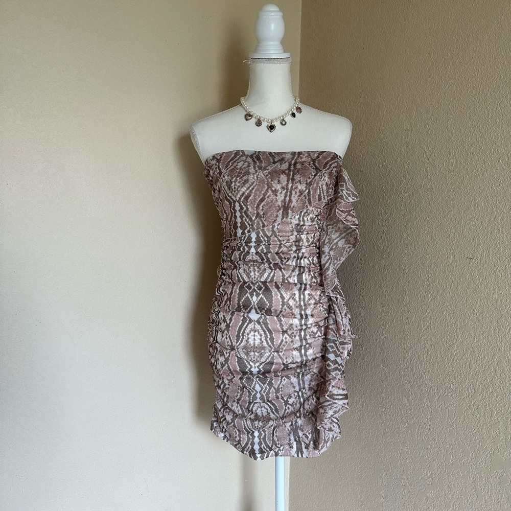 Y2K Bodycon Strapless Snake Print Ruched Mesh Mini Dress M Brown Cream Ruffle
